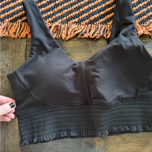 Betsey Johnson Women's Black Smocked Waist Extended Logo Sports Bra - Picture 2 of 4